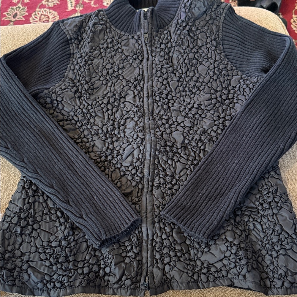 PETER MARTIN RIBBED BLACK KNIT SCRUNCHY BODICE ZIPPER SWEATER (NH)